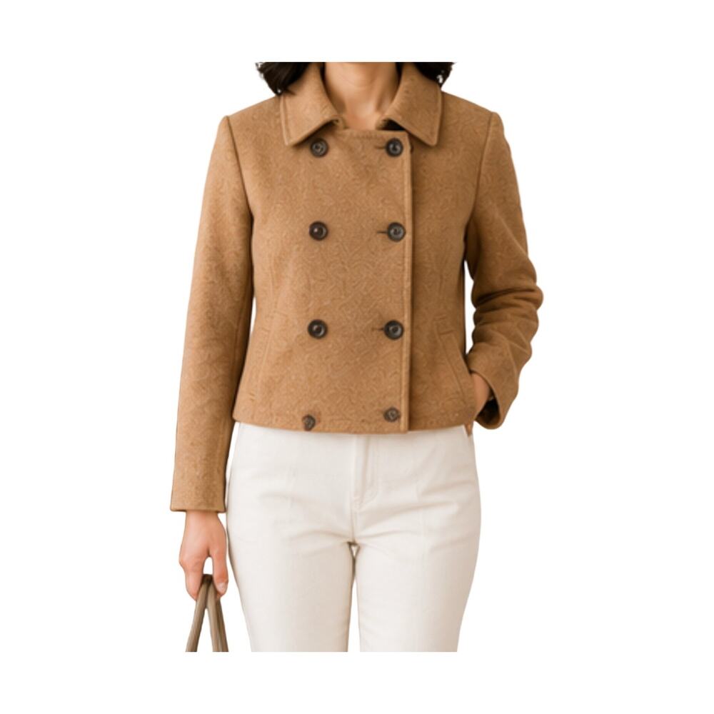 AKRIS Jacket Womens Size 14 Tan Wool Blend Double Breasted Short Luxury Designer